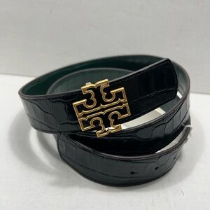 Tory Burch 1.5” Britten Reversible Logo Croc Belt In Black/Green Size: XXL